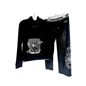 BCBG Maxazria Black Velour Bling Tracksuit Zip Hoodie Jacket M Crop Pants Large